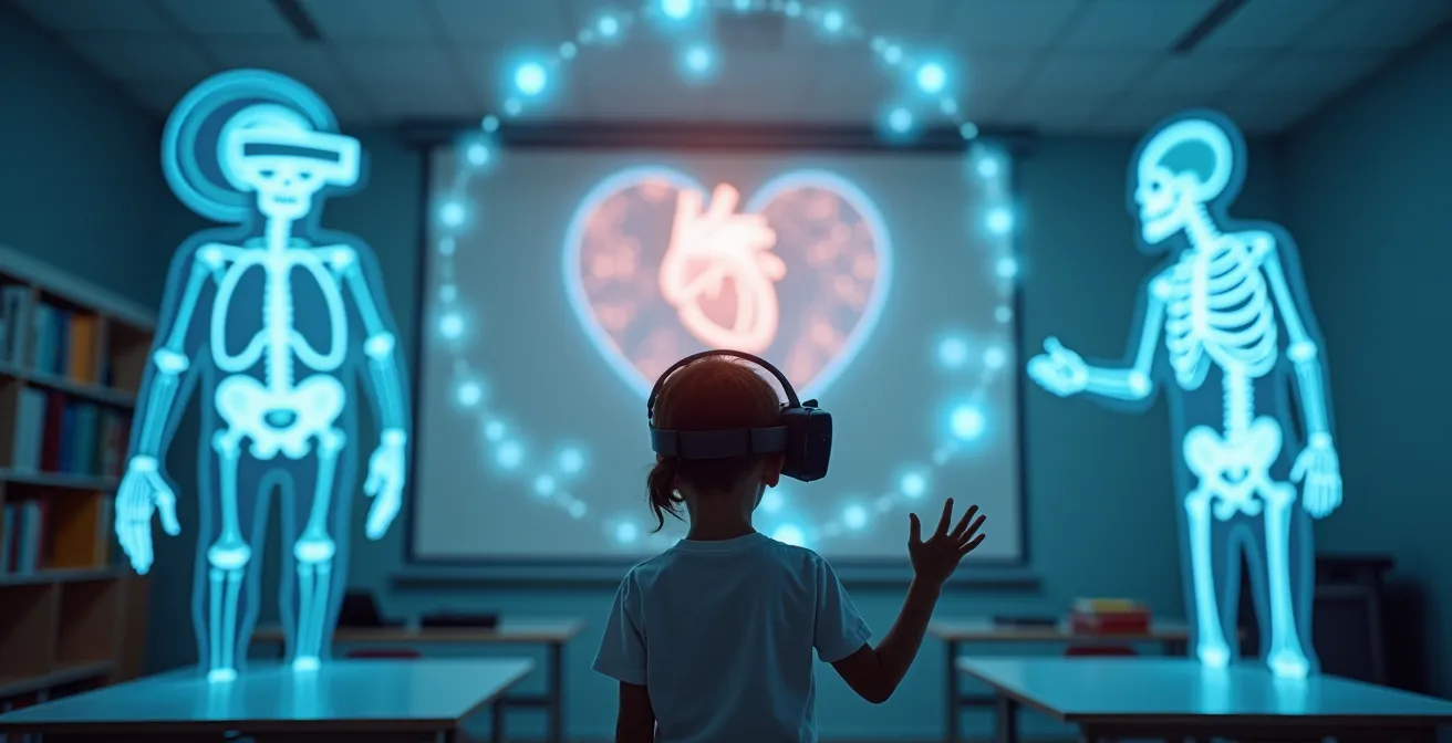 Un enfant explorant une représentation 3D du corps humain en réalité virtuelle dans un environnement éducatif