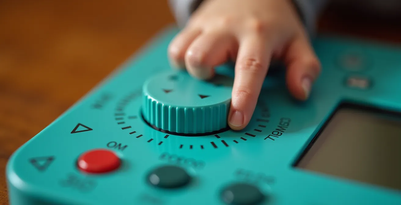 Gros plan sur les mains d'un enfant manipulant une boîte à histoires avec des chemins lumineux symbolisant les choix