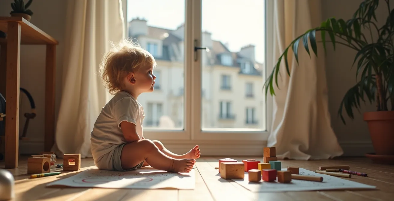 Enfant regardant par la fenêtre dans une posture contemplative, entouré d'objets de création éparpillés