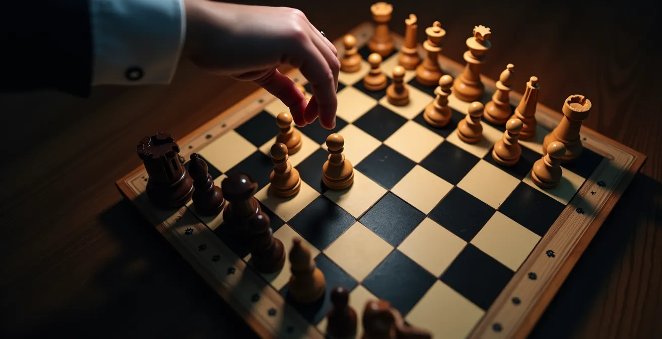 Enfant analysant un échiquier avec concentration, symbolisant la réflexion stratégique