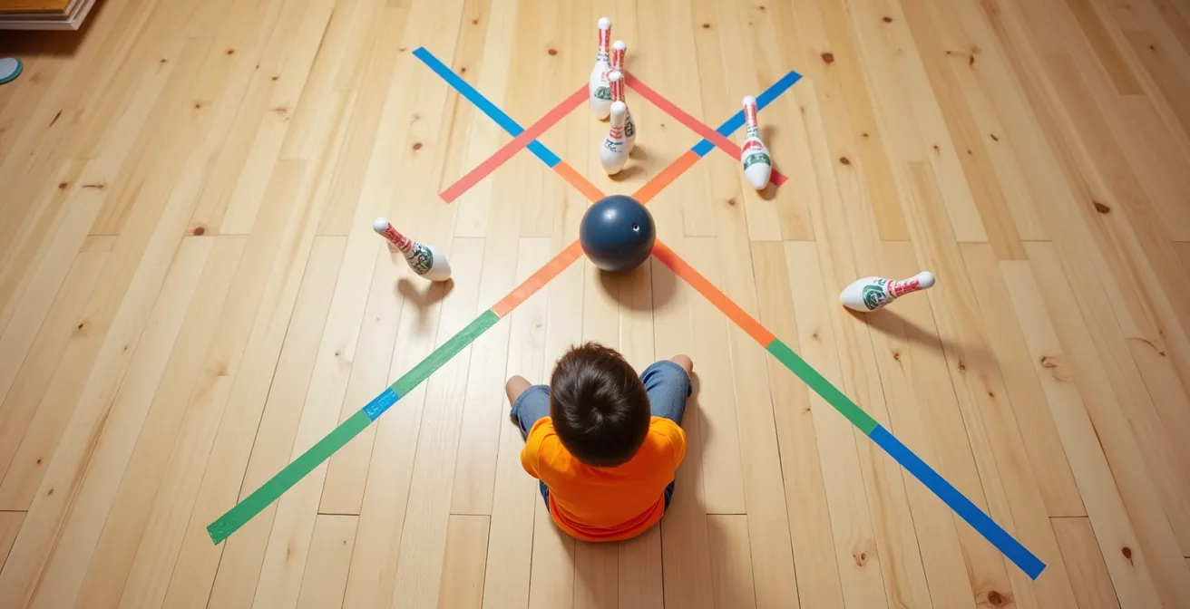 Vue de dessus d'un enfant en position de lancer avec des lignes au sol montrant différentes trajectoires possibles