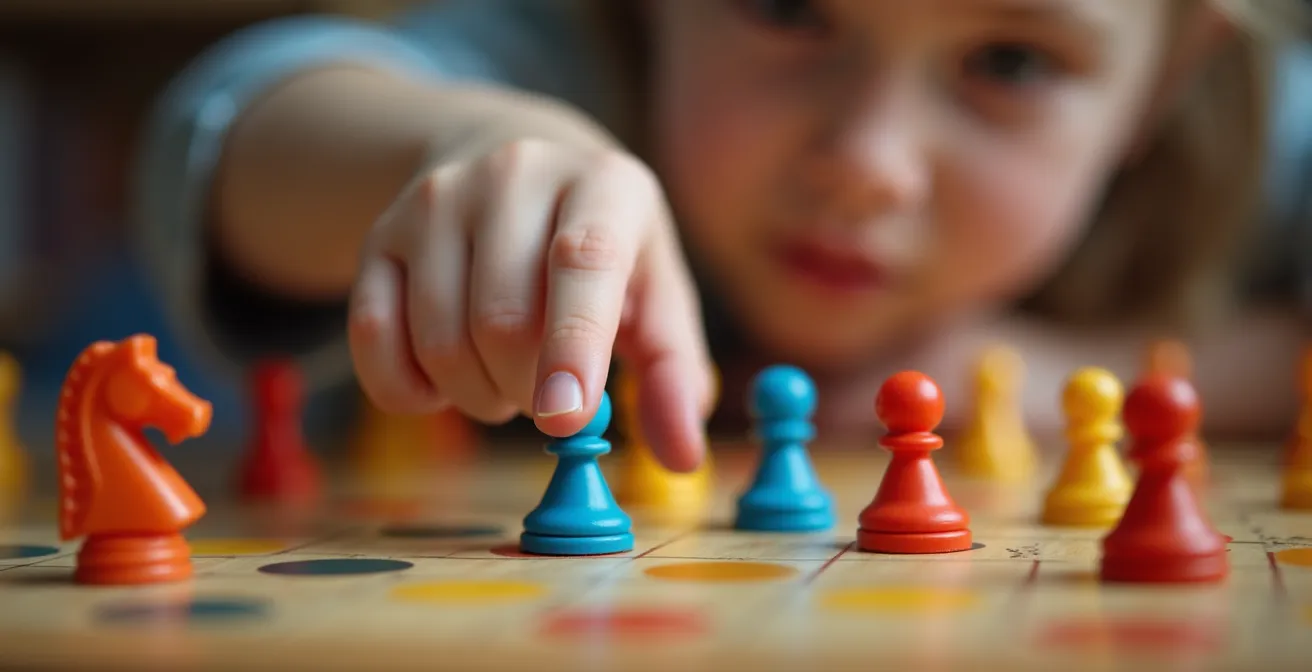 Enfant de 8 ans dirigeant une partie de jeu coopératif avec ses frères et sœurs autour d'une table, montrant des gestes de coordination