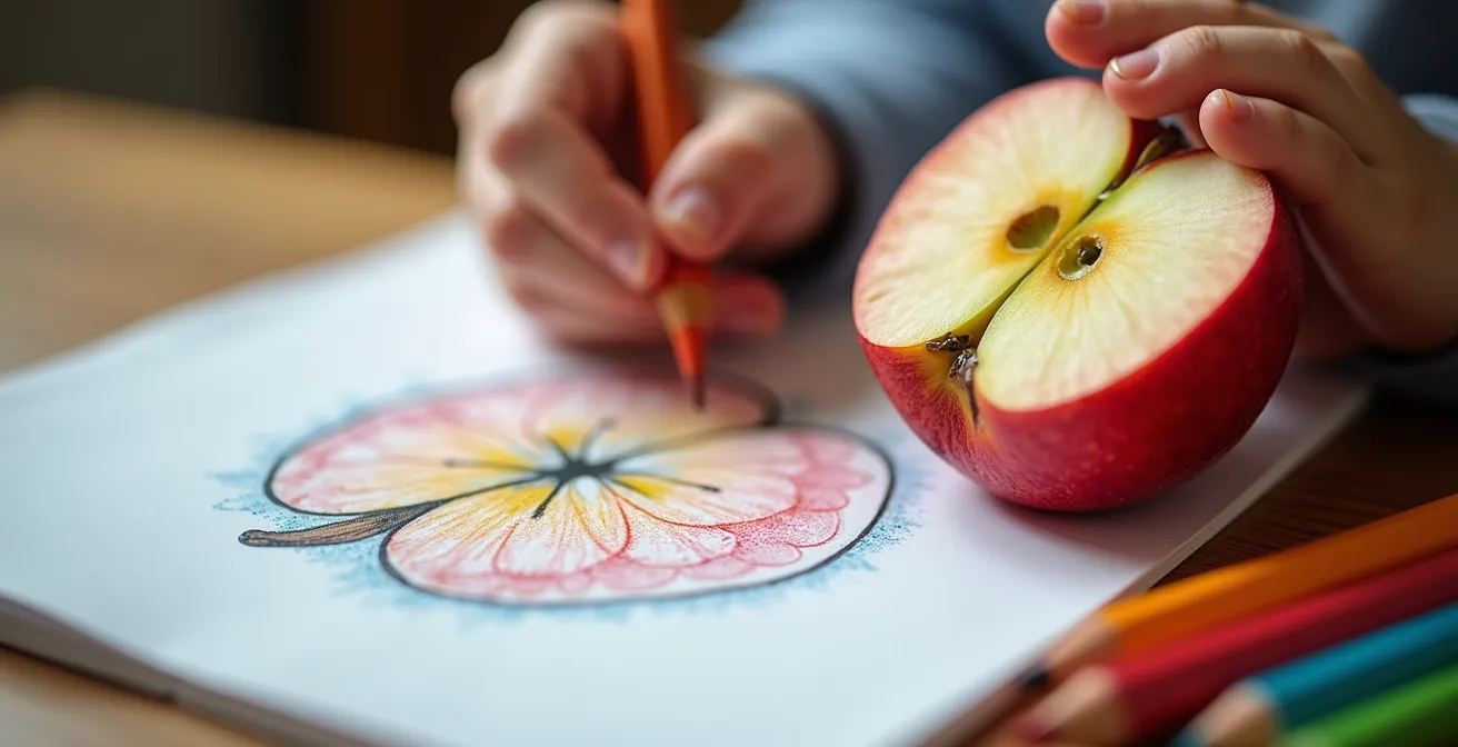 Gros plan sur les mains d'un enfant dessinant une pomme avec concentration, crayons de couleur et pomme coupée visible