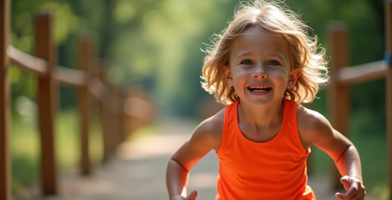 Enfant de 10 ans en pleine course sur un parcours de santé avec agrès colorés