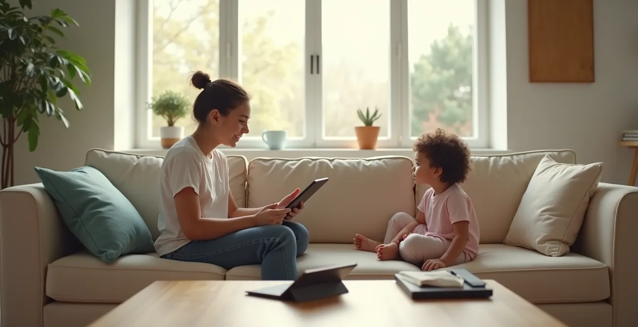 Vue large d'un salon familial où parent et enfant discutent calmement avec une tablette posée fermée entre eux