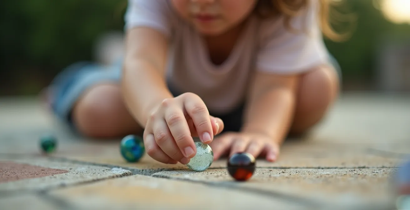 Gros plan sur la main d'un enfant en position de tir à la bille avec la technique du pouce