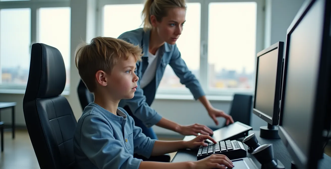 Enfant utilisant un simulateur de vol avec un instructeur, montrant l'apprentissage par la simulation hyperréaliste