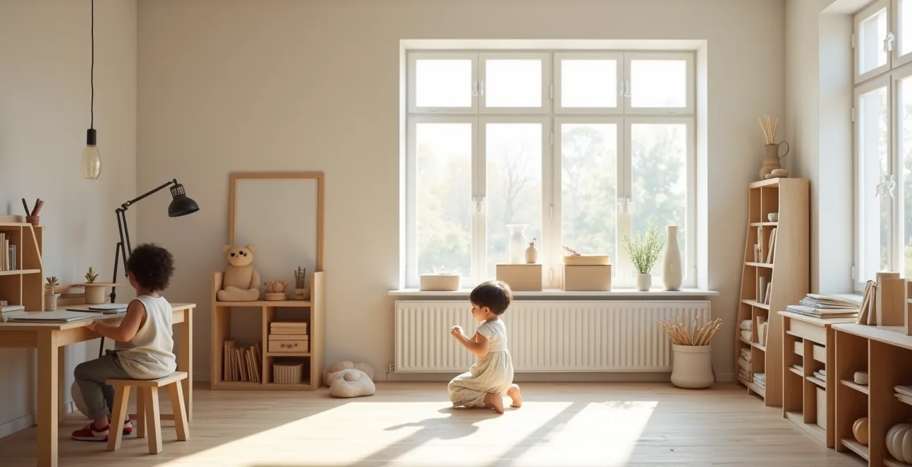 Enfant concentré utilisant une tablette dans un espace d'apprentissage lumineux et épuré avec éléments créatifs visibles