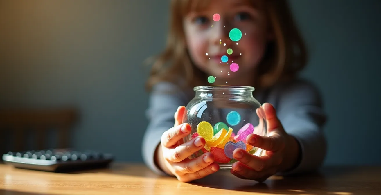 Enfant tenant une tirelire transparente avec des pièces virtuelles colorées flottant autour