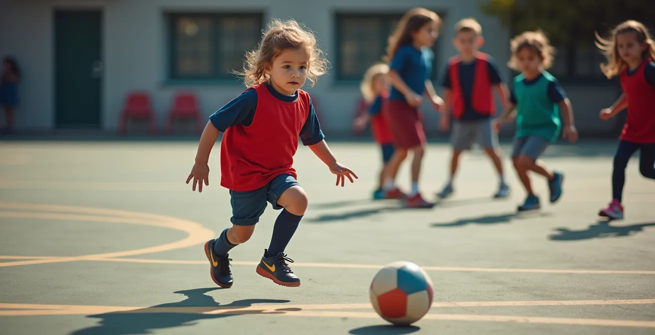 Vue aérienne d'enfants jouant à la balle aux prisonniers dans une cour d'école avec zones délimitées