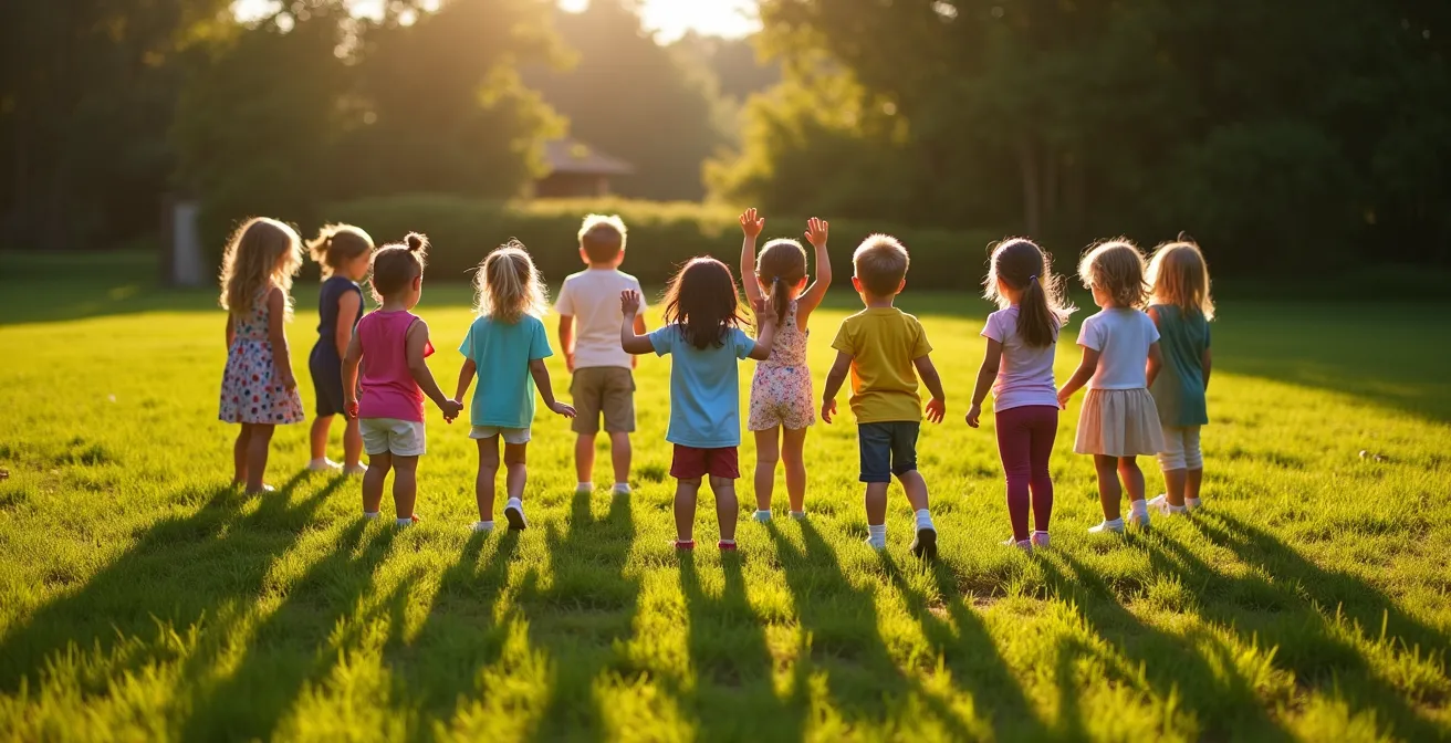 Groupe d'enfants en cercle dans un jardin jouant à Jacques a dit