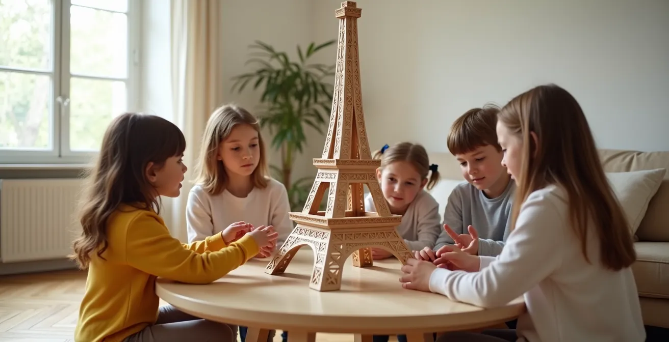 Enfants construisant ensemble une tour Eiffel en Kapla avec concentration