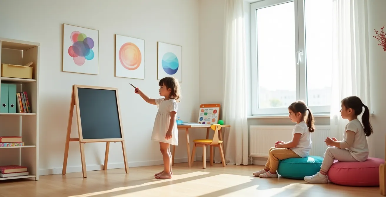 Groupe d'enfants jouant à l'école avec tableau et accessoires éducatifs
