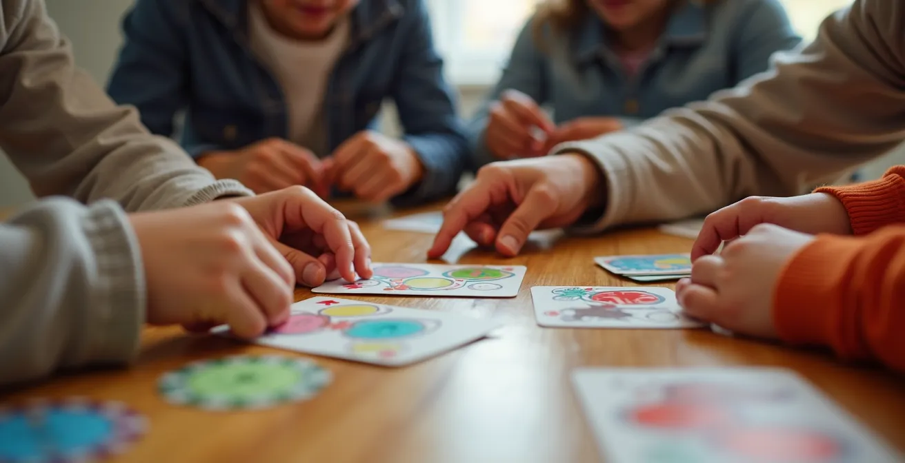 Enfants et parents jouant ensemble à un jeu de société autour d'une table