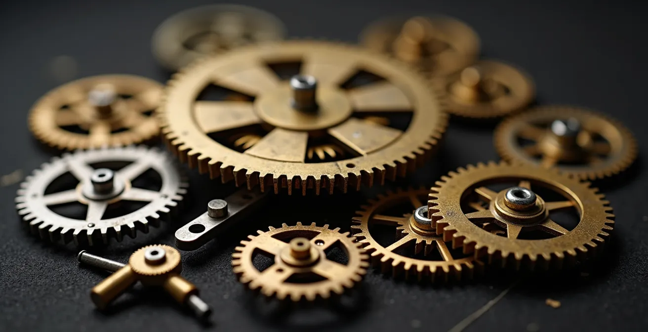 Vue macro d'engrenages et mécanismes d'un vieux réveil démonté, illustrant la rétro-ingénierie