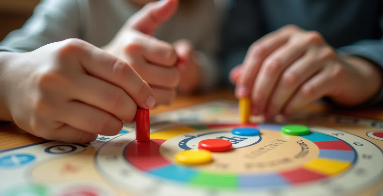 Parent expliquant calmement une règle de jeu à un enfant attentif, dans une atmosphère d'échange et de compréhension mutuelle