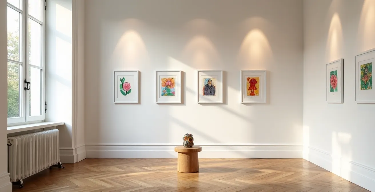 Vue d'ensemble d'un salon transformé en galerie d'art avec dessins d'enfants encadrés sur les murs, éclairage soigné