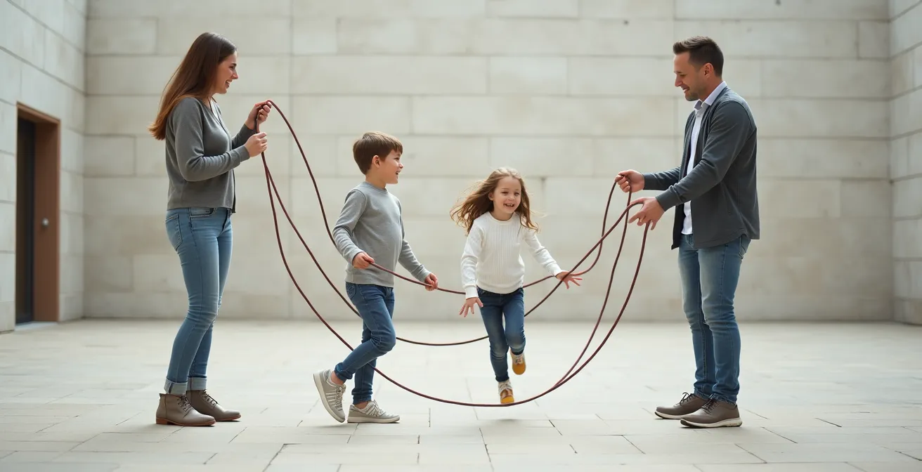 Famille jouant ensemble au jeu de l'élastique dans une cour
