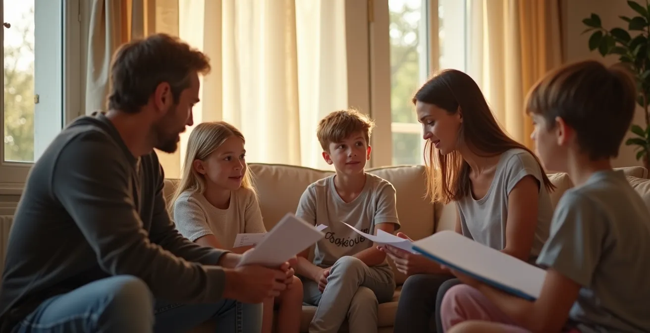 Famille réunie dans le salon pour un moment d'échange constructif autour des usages numériques