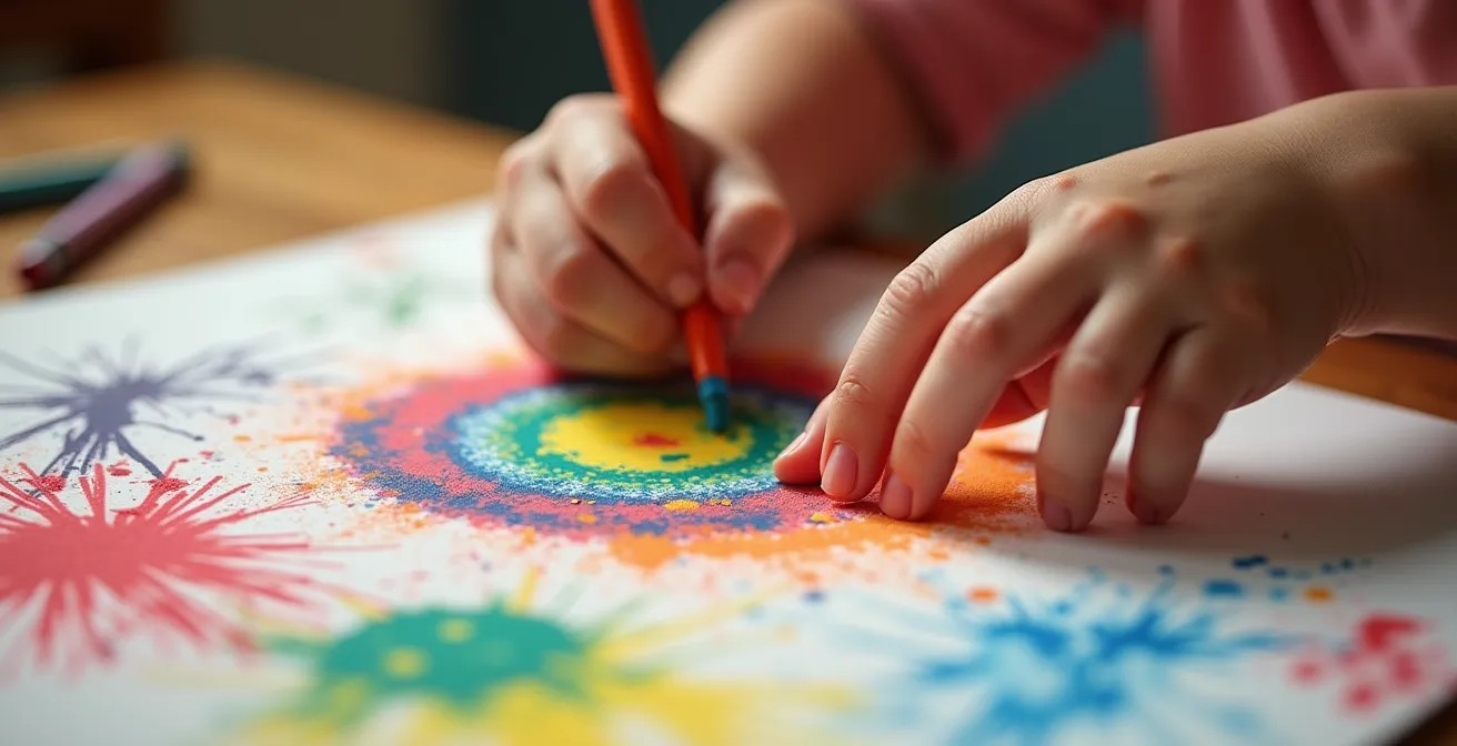 Gros plan sur les mains d'un enfant créant des tracés libres et colorés sur du papier