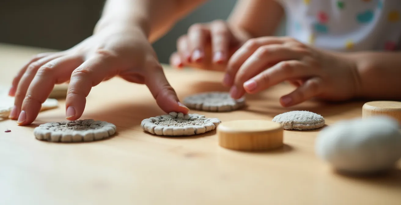 Mains d'enfant explorant différents objets ludiques sur une table en bois avec lumière naturelle