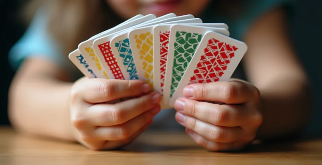 Mains d'enfant tenant des cartes colorées avec motifs géométriques, disposées en éventail