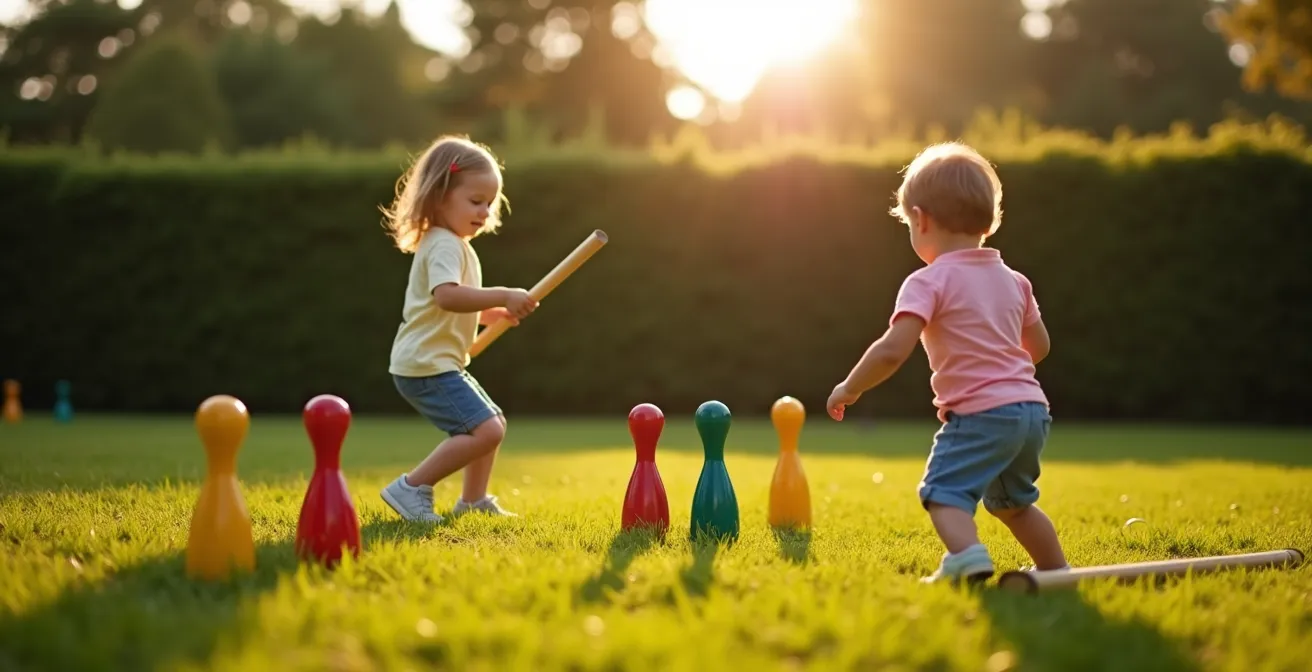 Enfant dans un jardin ensoleillé visant des quilles en bois colorées disposées sur l'herbe