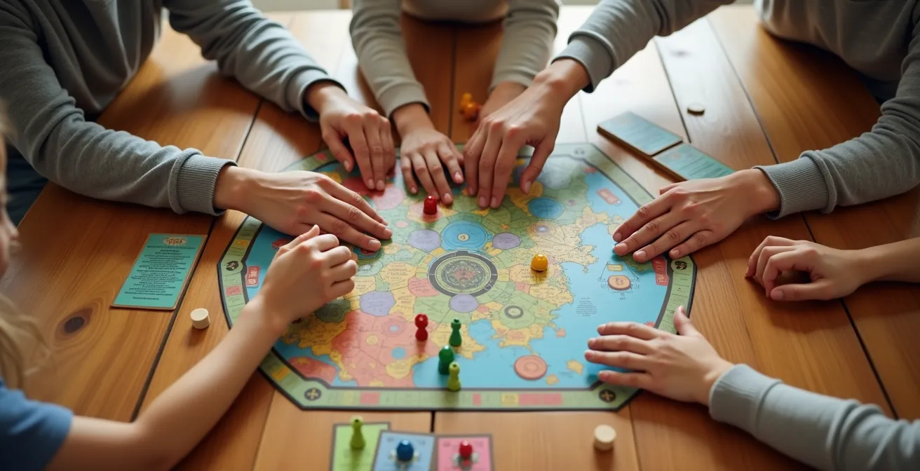 Vue en plongée de jeux de société coopératifs français étalés sur une table en bois avec des mains d'enfants et d'adultes qui collaborent