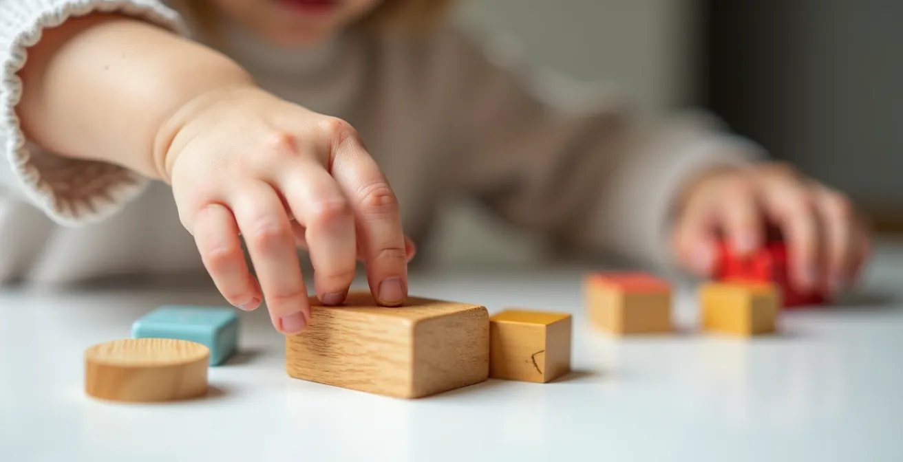 Mains d'enfant manipulant des objets tangibles colorés sur une surface interactive