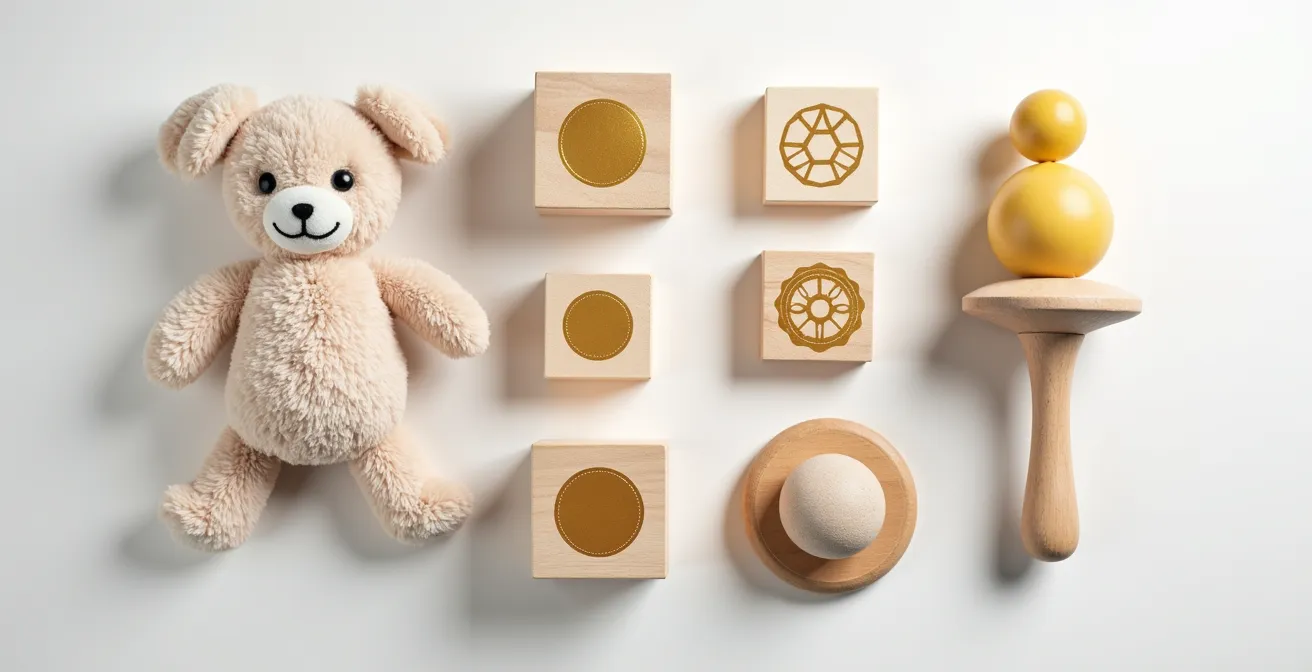 Comparaison visuelle des différents labels de certification sur des jouets pour enfants