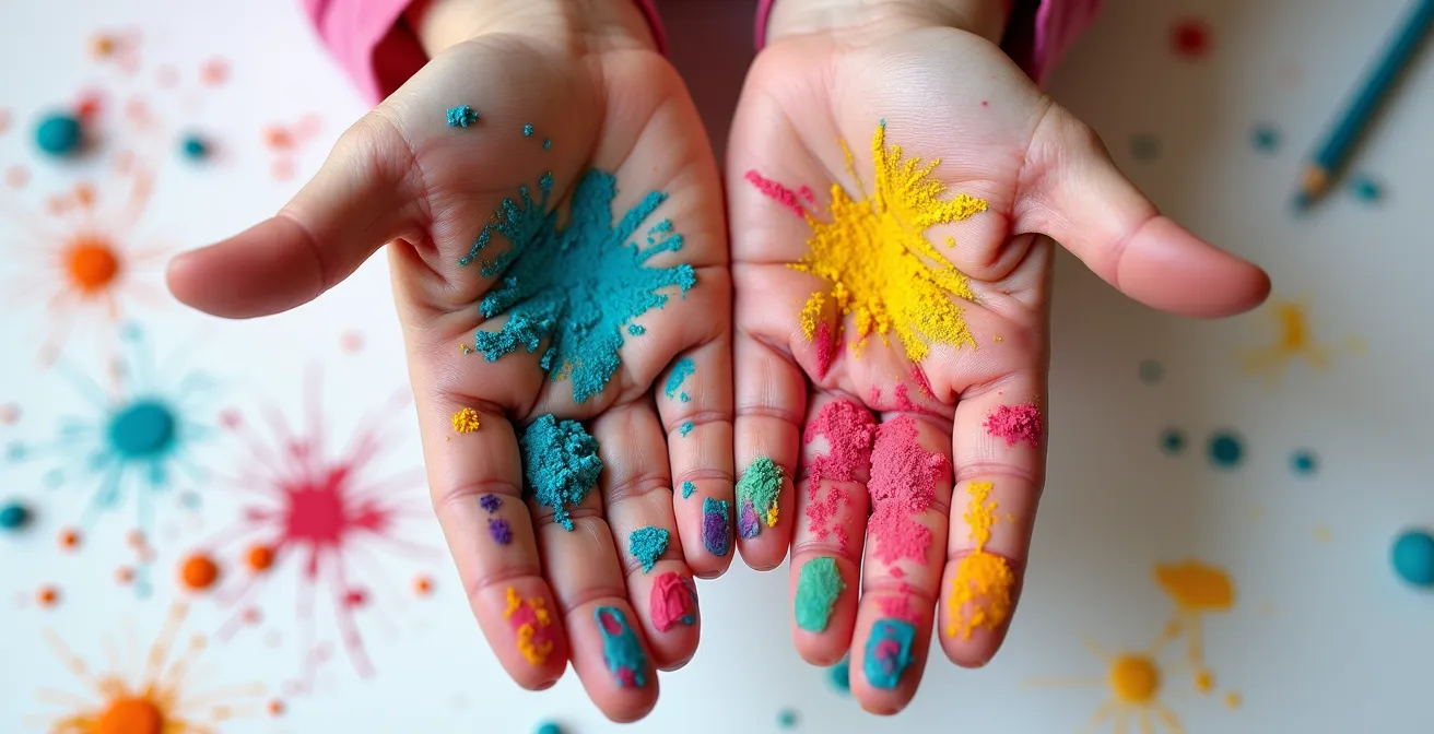 Mains d'enfant explorant différentes textures et matériaux créatifs