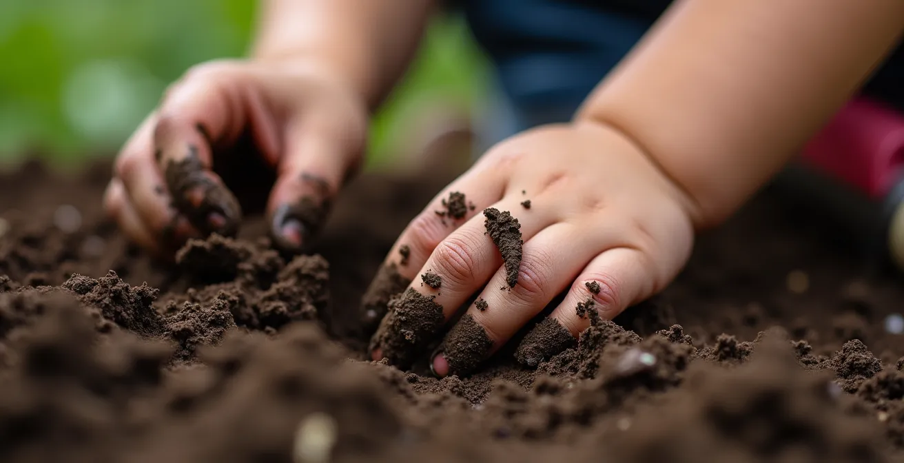 Mains d'enfant plongées dans la terre humide lors d'une activité de jardinage