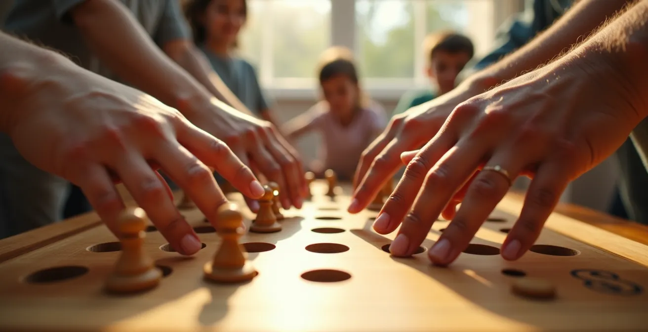 Mains d'enfants et d'adultes posées ensemble sur un plateau de jeu coopératif