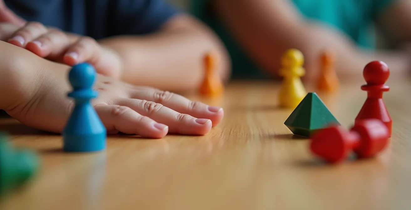 Mains d'enfants posées patiemment près de pions colorés sur plateau de jeu
