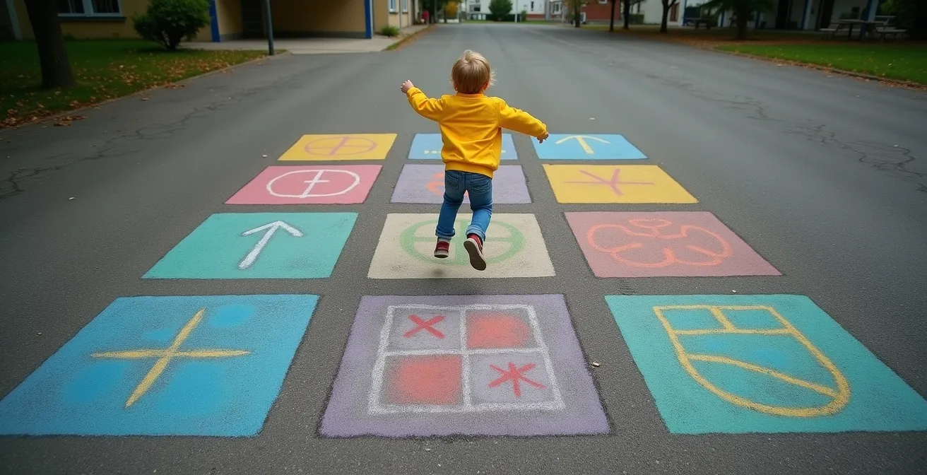 Marelle traditionnelle dessinée à la craie dans une cour d'école avec un enfant en plein saut