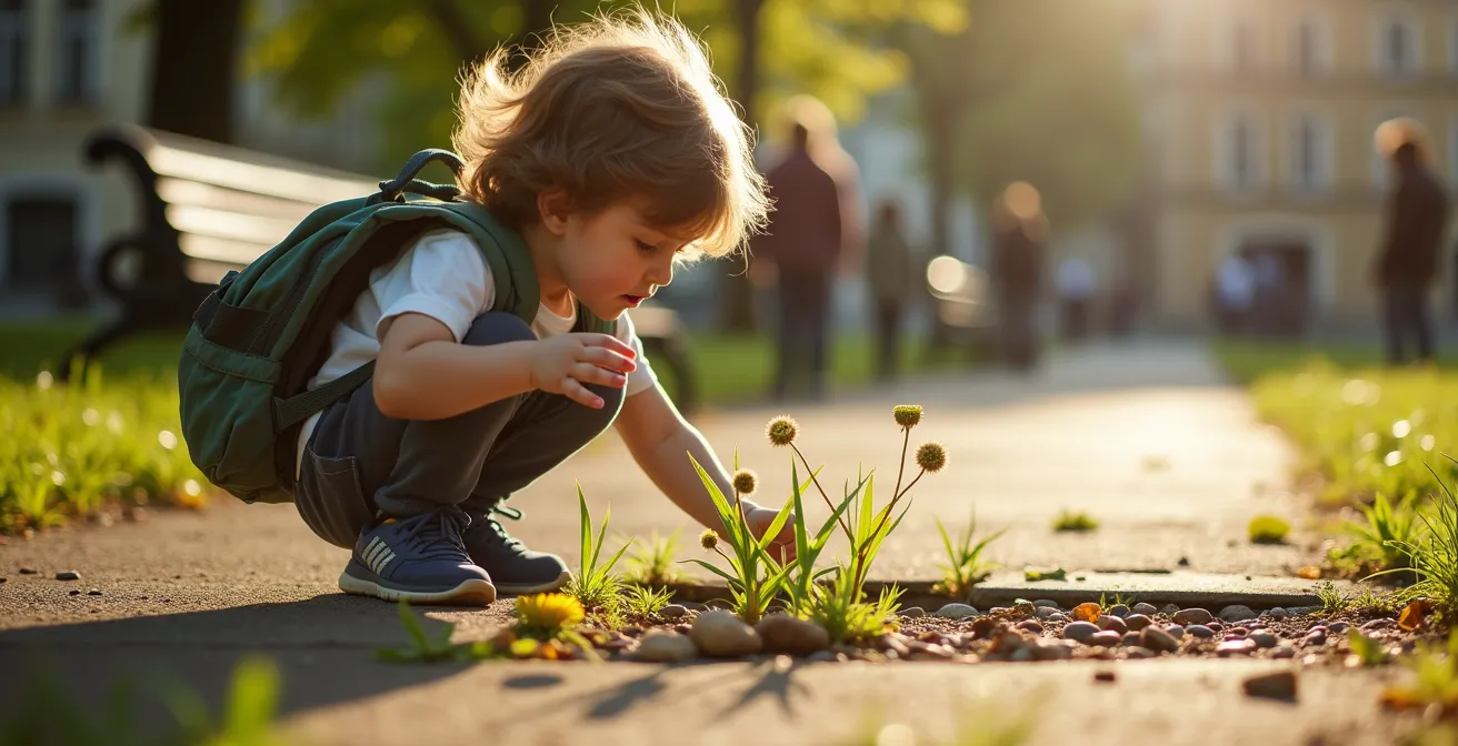 Enfant explorant un parc urbain français avec curiosité et créativité