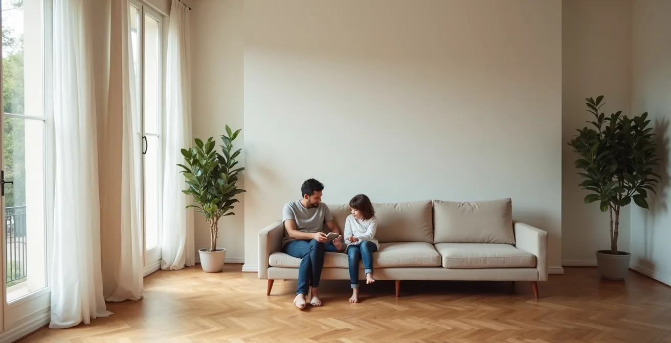 Vue large d'un salon où parent et enfant contemplent ensemble une construction virtuelle complexe