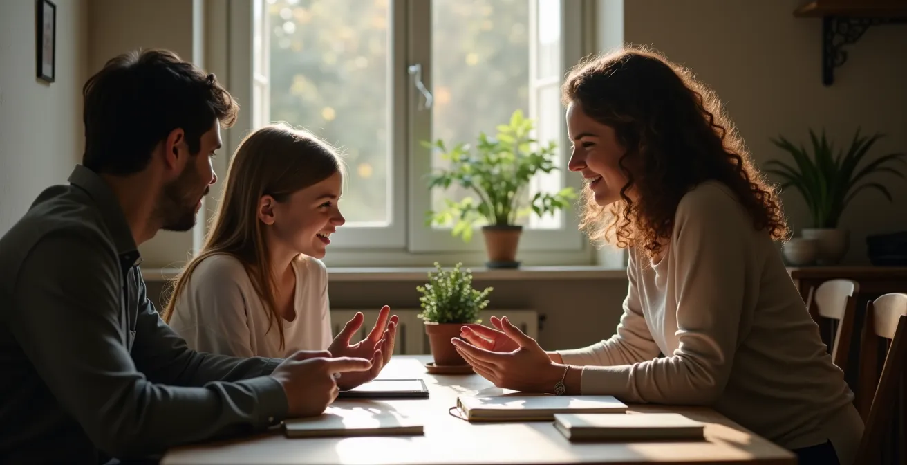 Parent et préadolescent assis côte à côte dans une ambiance détendue, échangeant dans une posture collaborative