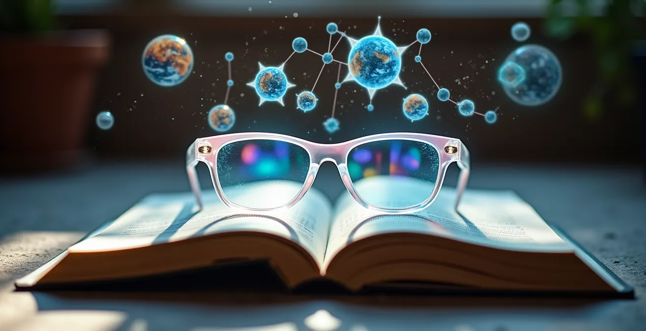 Enfant découvrant la réalité augmentée à travers des lunettes transparentes dans un environnement éducatif