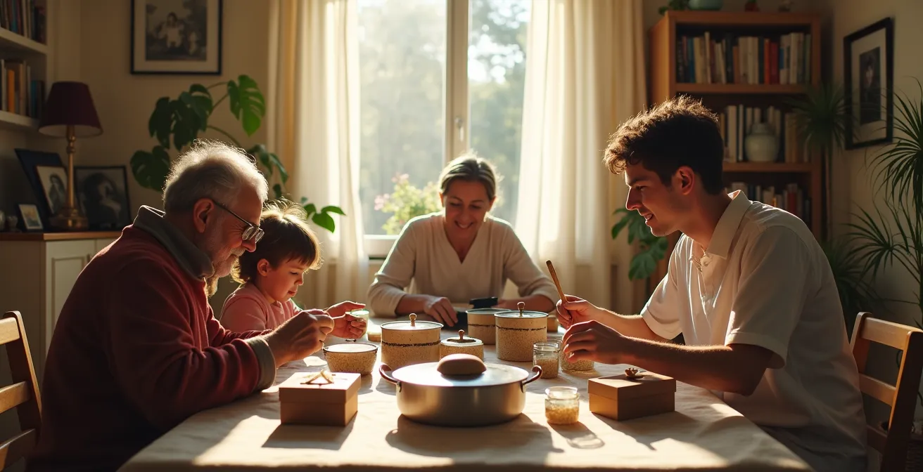 Famille créant ensemble un conte musical à la maison avec instruments improvisés