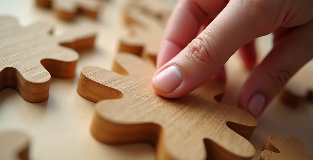 Gros plan macro sur une main examinant la texture d'un jouet en bois naturel