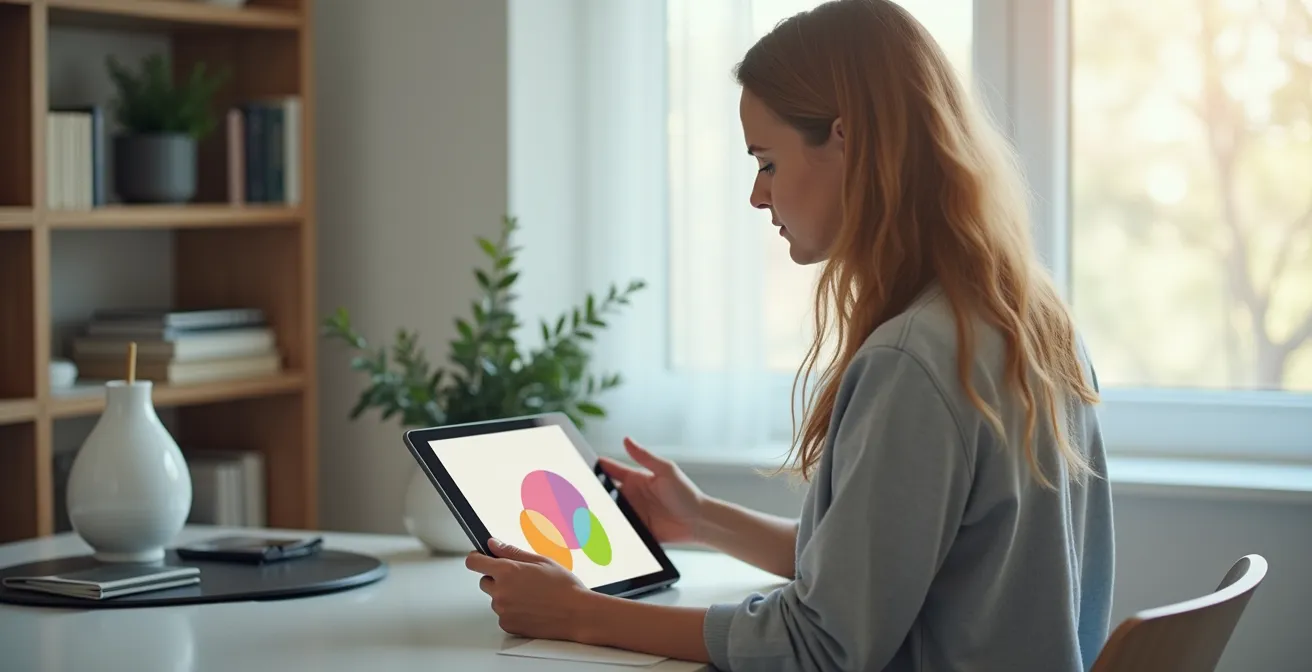 Vue d'ensemble d'un bureau moderne avec une personne vérifiant attentivement des informations sur une tablette