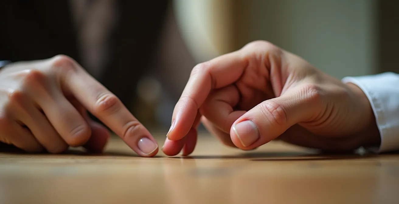 Main d'adulte tenant un smartphone montrant un geste de vérification attentive, environnement familial français en arrière-plan