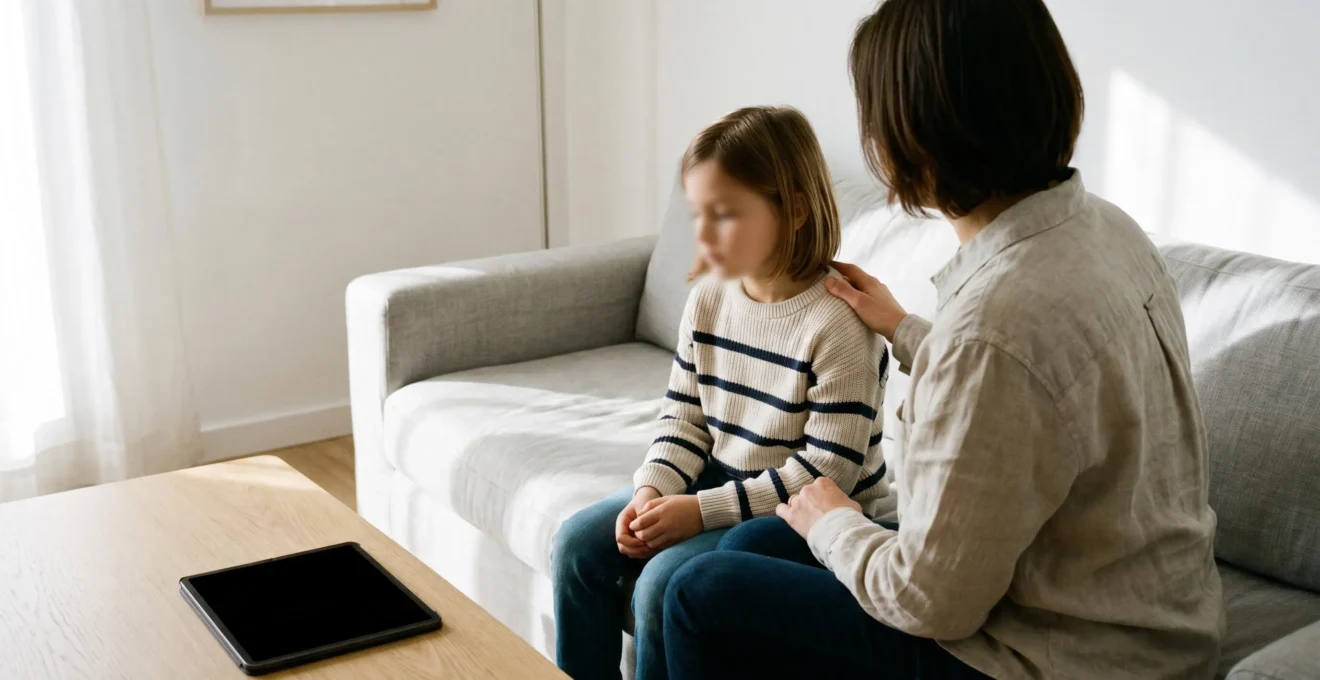 Parent et enfant assis ensemble dans un salon lumineux avec une tablette fermée, symbolisant le dialogue sur la sécurité numérique