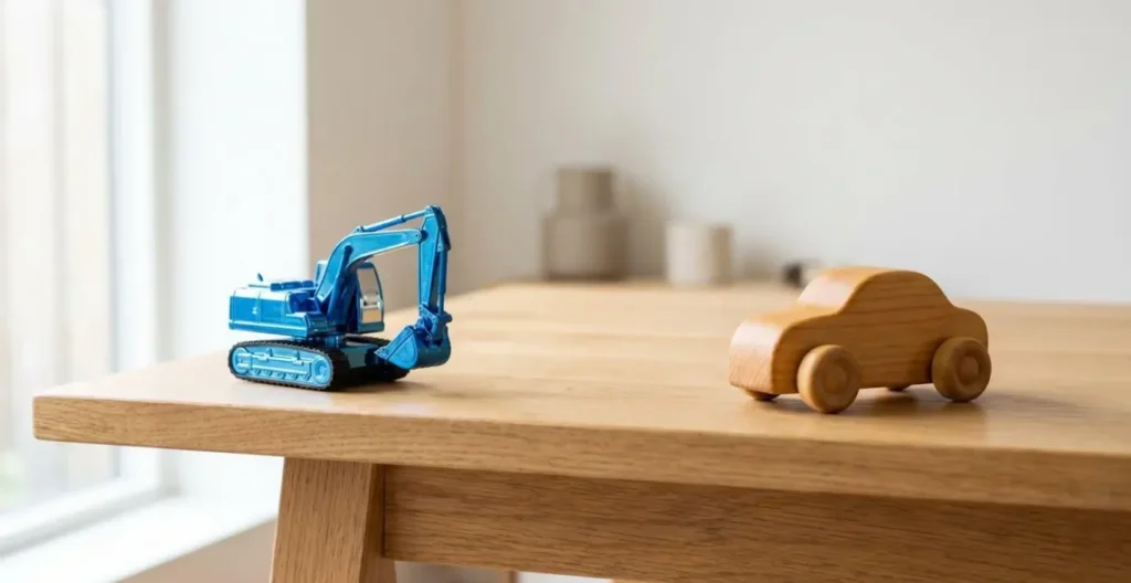 Comparaison visuelle entre un jouet en plastique brillant et un jouet en bois naturel sur une table claire Comparaison visuelle entre un jouet en plastique brillant et un jouet en bois naturel sur une table claire