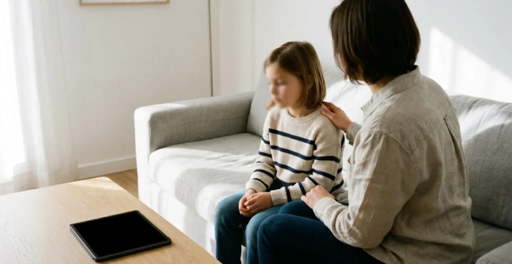 Parent et enfant assis ensemble dans un salon lumineux avec une tablette fermée, symbolisant le dialogue sur la sécurité numérique Parent et enfant assis ensemble dans un salon lumineux avec une tablette fermée, symbolisant le dialogue sur la sécurité numérique